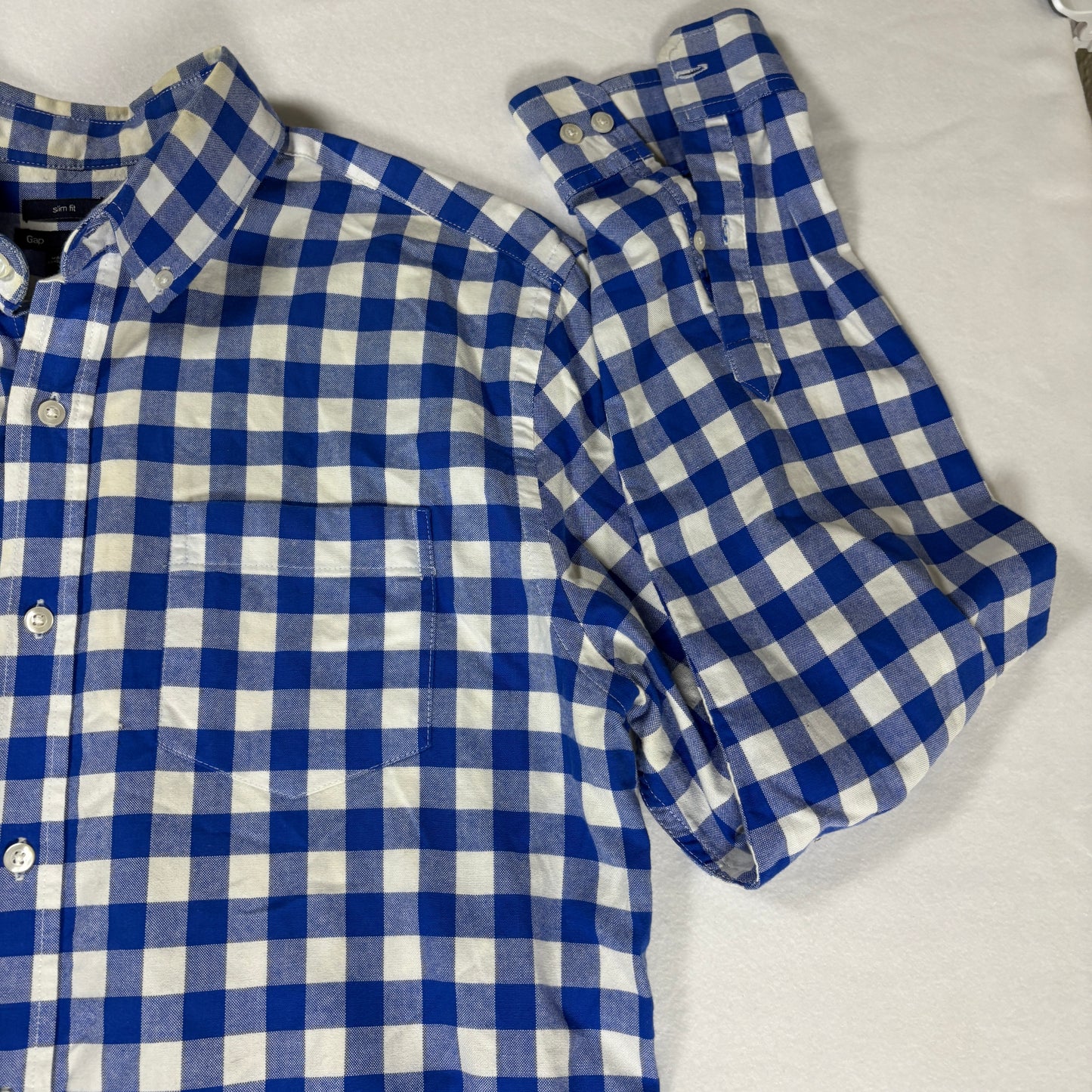 Gap Shirt Slim Fit Large Blue White Gingham Check Long Sleeve Button Down