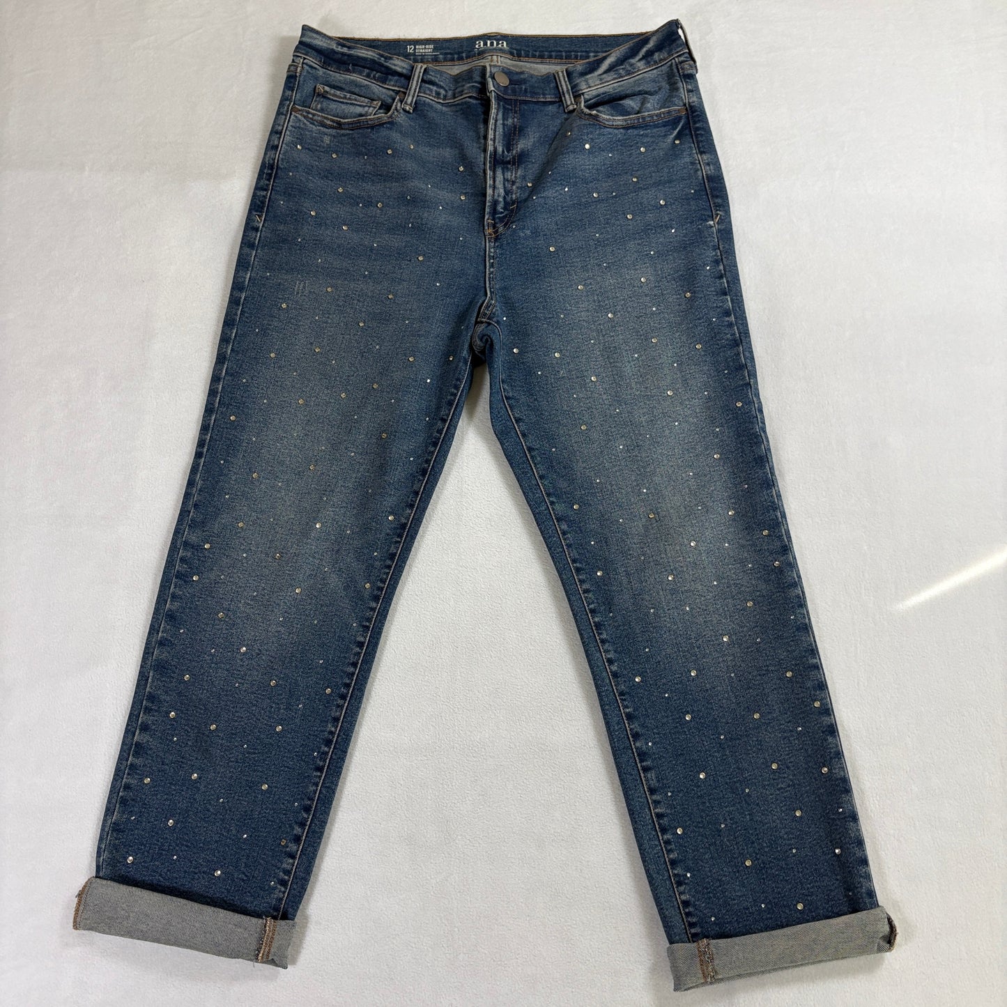 ANA High Rise Straight Jeans Womens 12 Rhinestone Studded Stretch Denim Blue