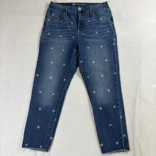 No Boundaries Womens 17 Daisy Print Jeans High Rise Straight Stretch Denim Blue