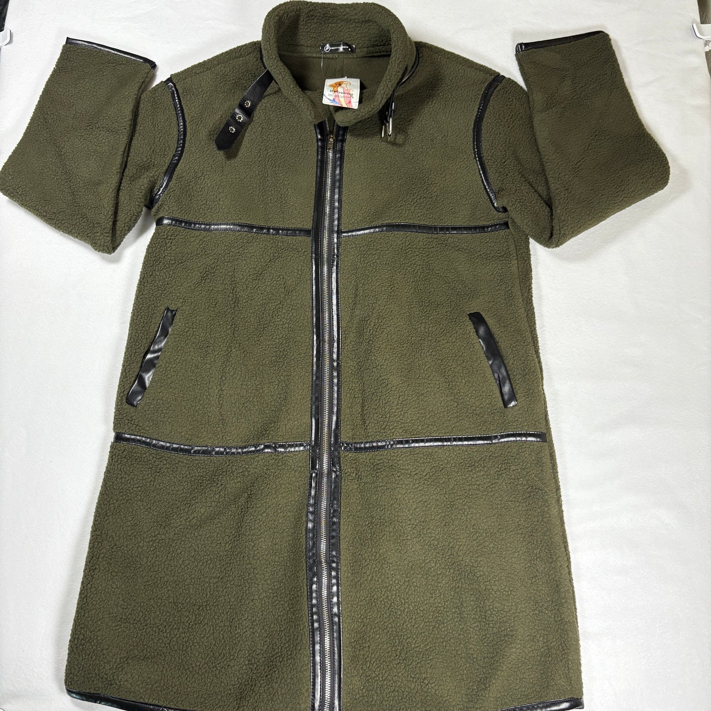 Prettygarden Jacket Women M Olive Green Longline Fleece Coat Faux Leather Trim NWT