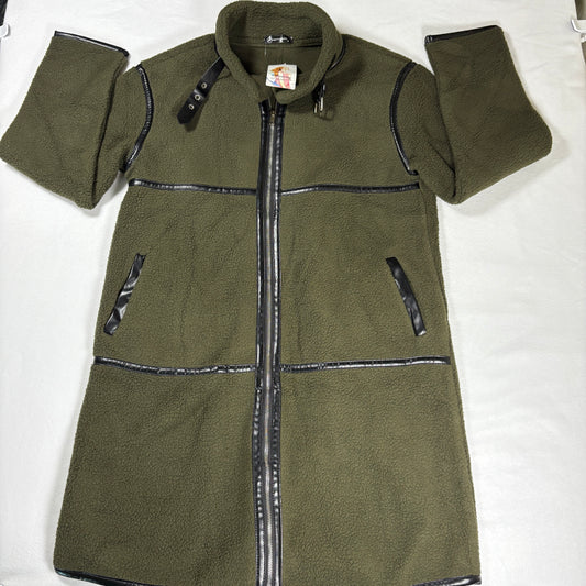 Prettygarden Jacket Women M Olive Green Longline Fleece Coat Faux Leather Trim NWT