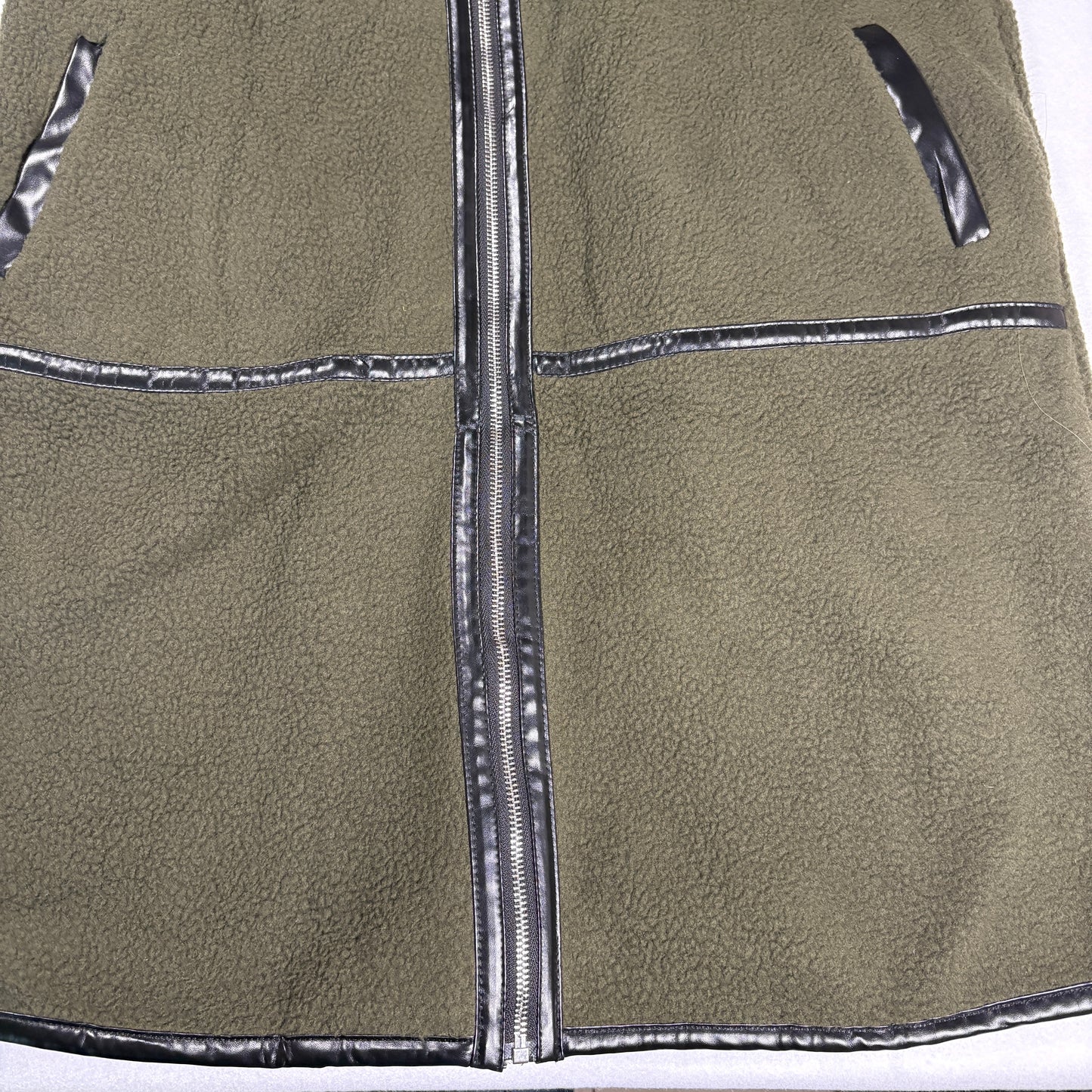 Prettygarden Jacket Women M Olive Green Longline Fleece Coat Faux Leather Trim NWT