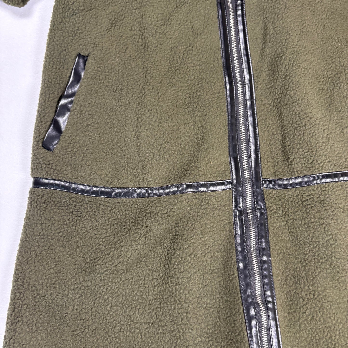 Prettygarden Jacket Women M Olive Green Longline Fleece Coat Faux Leather Trim NWT