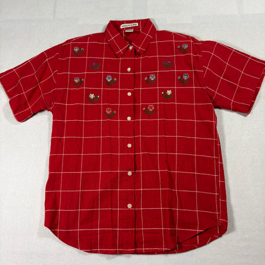Maggie & Max Shirt Womens S Red Embroidered Floral Grid Cottagecore Cotton Top