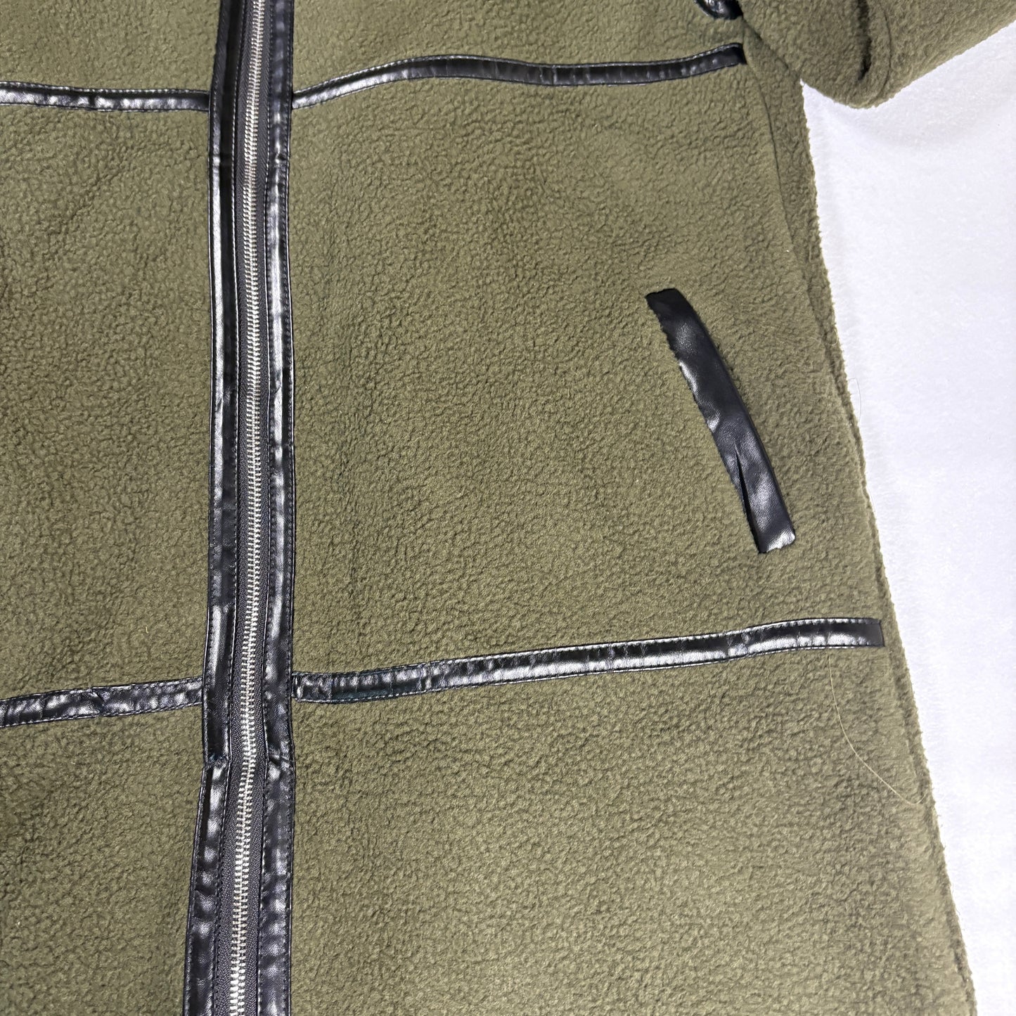 Prettygarden Jacket Women M Olive Green Longline Fleece Coat Faux Leather Trim NWT