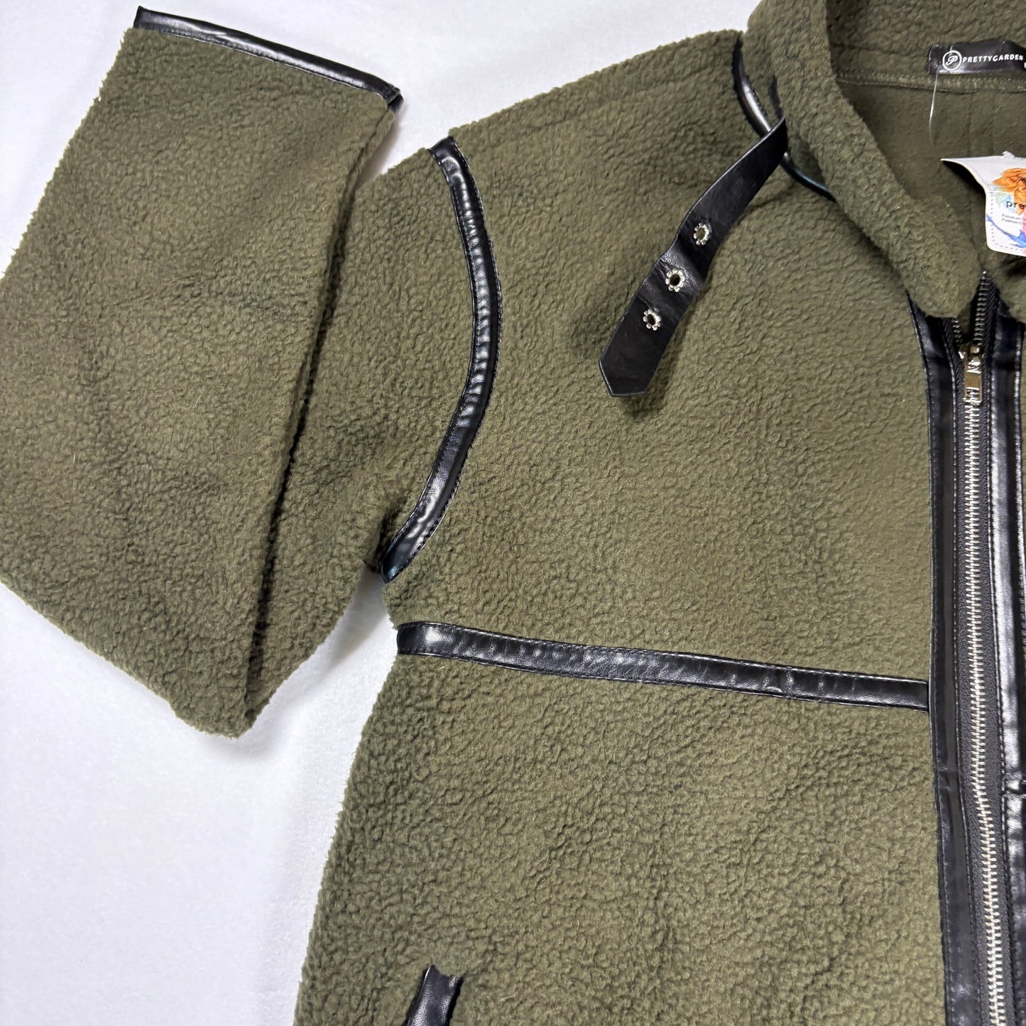 Prettygarden Jacket Women M Olive Green Longline Fleece Coat Faux Leather Trim NWT