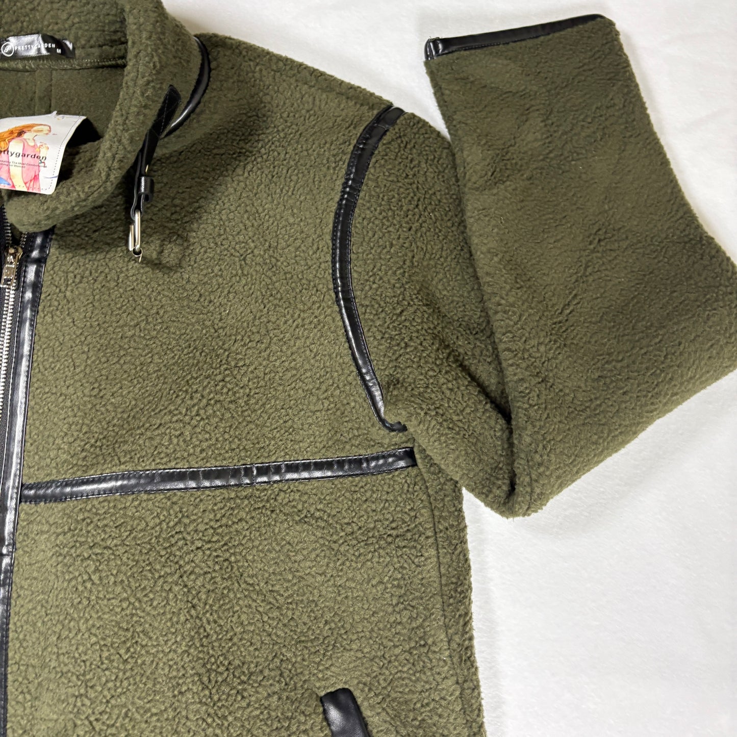 Prettygarden Jacket Women M Olive Green Longline Fleece Coat Faux Leather Trim NWT