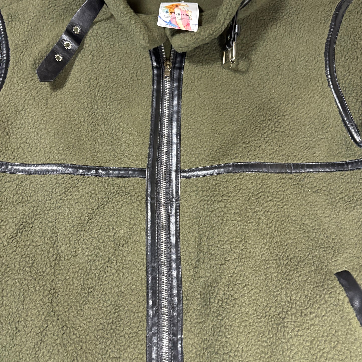 Prettygarden Jacket Women M Olive Green Longline Fleece Coat Faux Leather Trim NWT