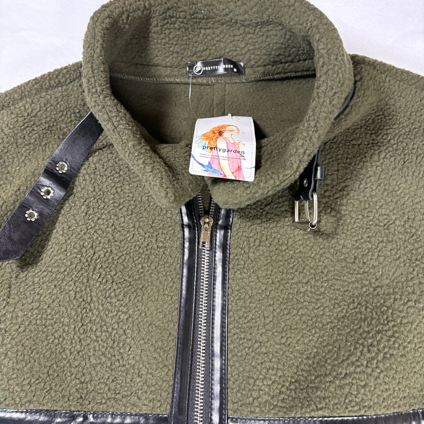Prettygarden Jacket Women M Olive Green Longline Fleece Coat Faux Leather Trim NWT
