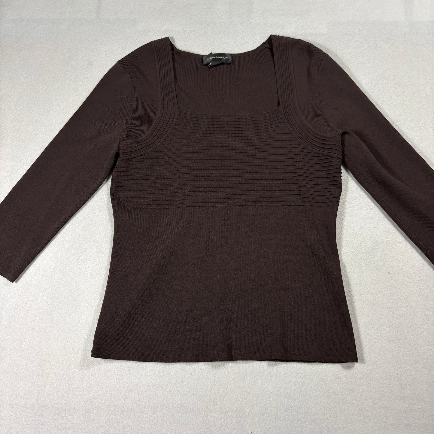 Cable & Gauge Brown Ribbed Knit Top Womens Medium 3/4 Sleeve Stretch Pullover