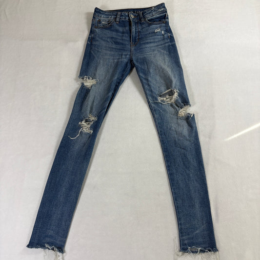 American Eagle Womens Super Stretch Skinny Distressed Raw Hem Blue Jeans Size 0