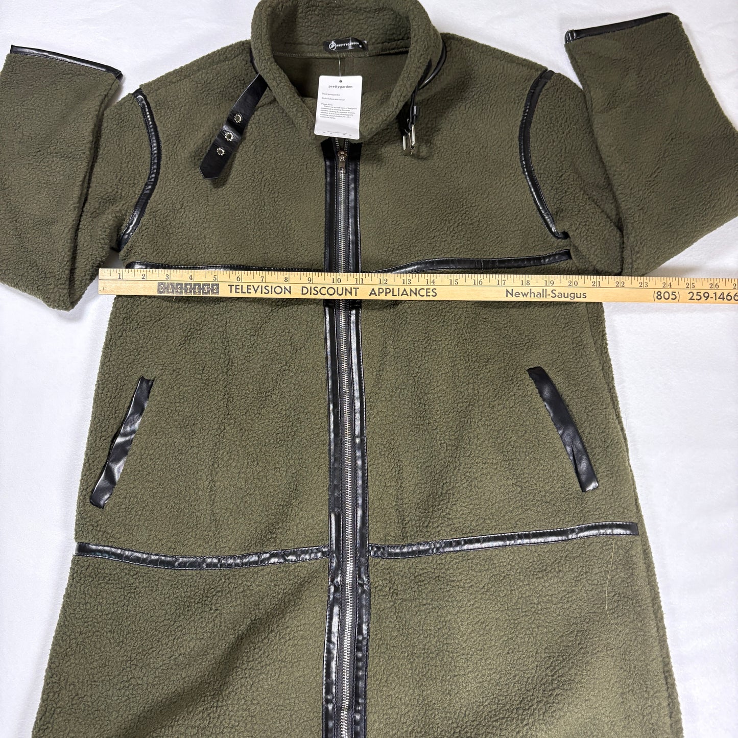 Prettygarden Jacket Women M Olive Green Longline Fleece Coat Faux Leather Trim NWT