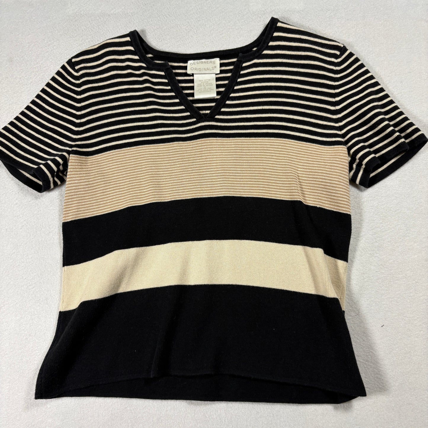 Designers Originals Striped Knit Top Womens Medium Black Beige Cotton V Neck