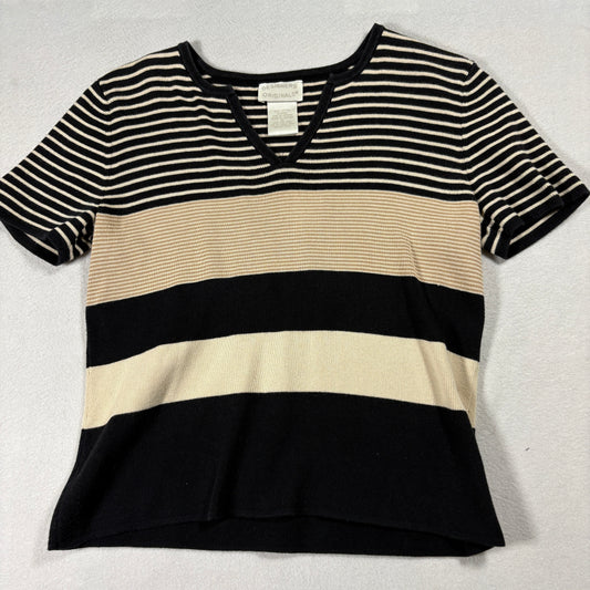 Designers Originals Striped Knit Top Womens Medium Black Beige Cotton V Neck