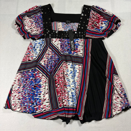 XOXO Womens Top Medium NWT Studded Boho Abstract Print Puff Sleeve Tunic