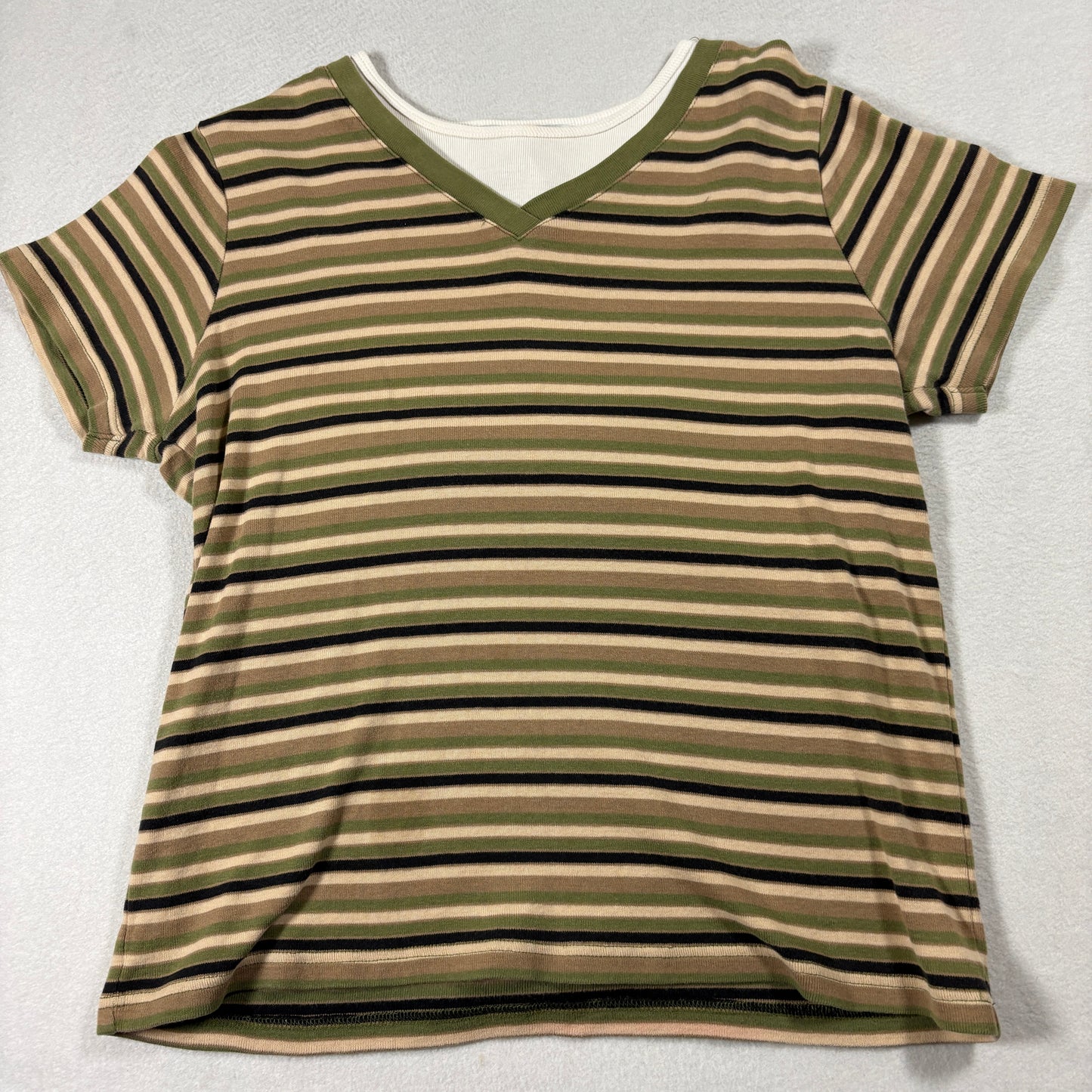 Carolyn Taylor Essentials Striped T Shirt Womens Small Green Beige V Neck Tee
