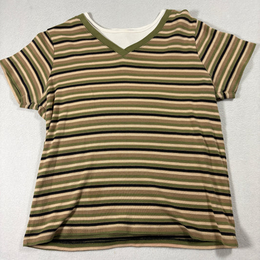 Carolyn Taylor Essentials Striped T Shirt Womens Small Green Beige V Neck Tee