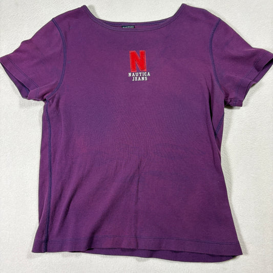 Nautica Jeans Company Purple T Shirt Womens Medium Red N Logo Y2K Tee