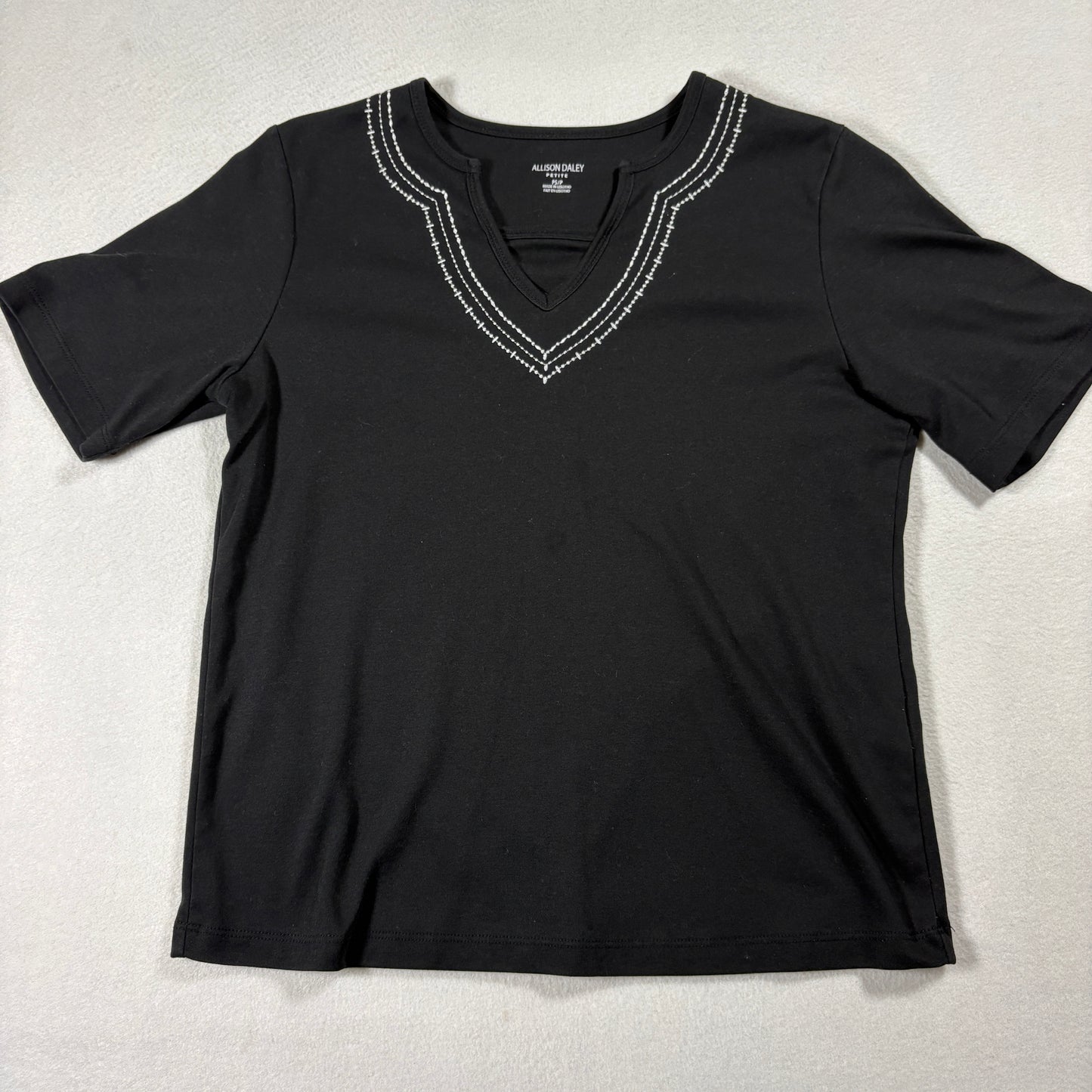 Allison Daley Petite Black T Shirt PS Embroidered V Neck Short Sleeve Top