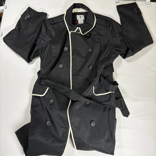 Worthington Trench Coat Women 1X Black White Trim Belted Double Breasted NWT
