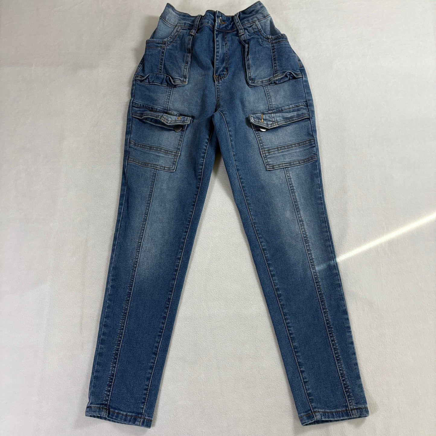 Women Cargo Pocket Skinny Jeans Blue Stretch Denim Utility Style High Rise 24x26