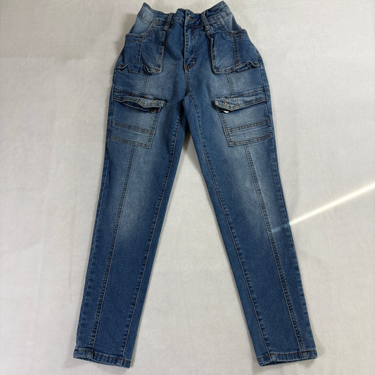 Women Cargo Pocket Skinny Jeans Blue Stretch Denim Utility Style High Rise 24x26