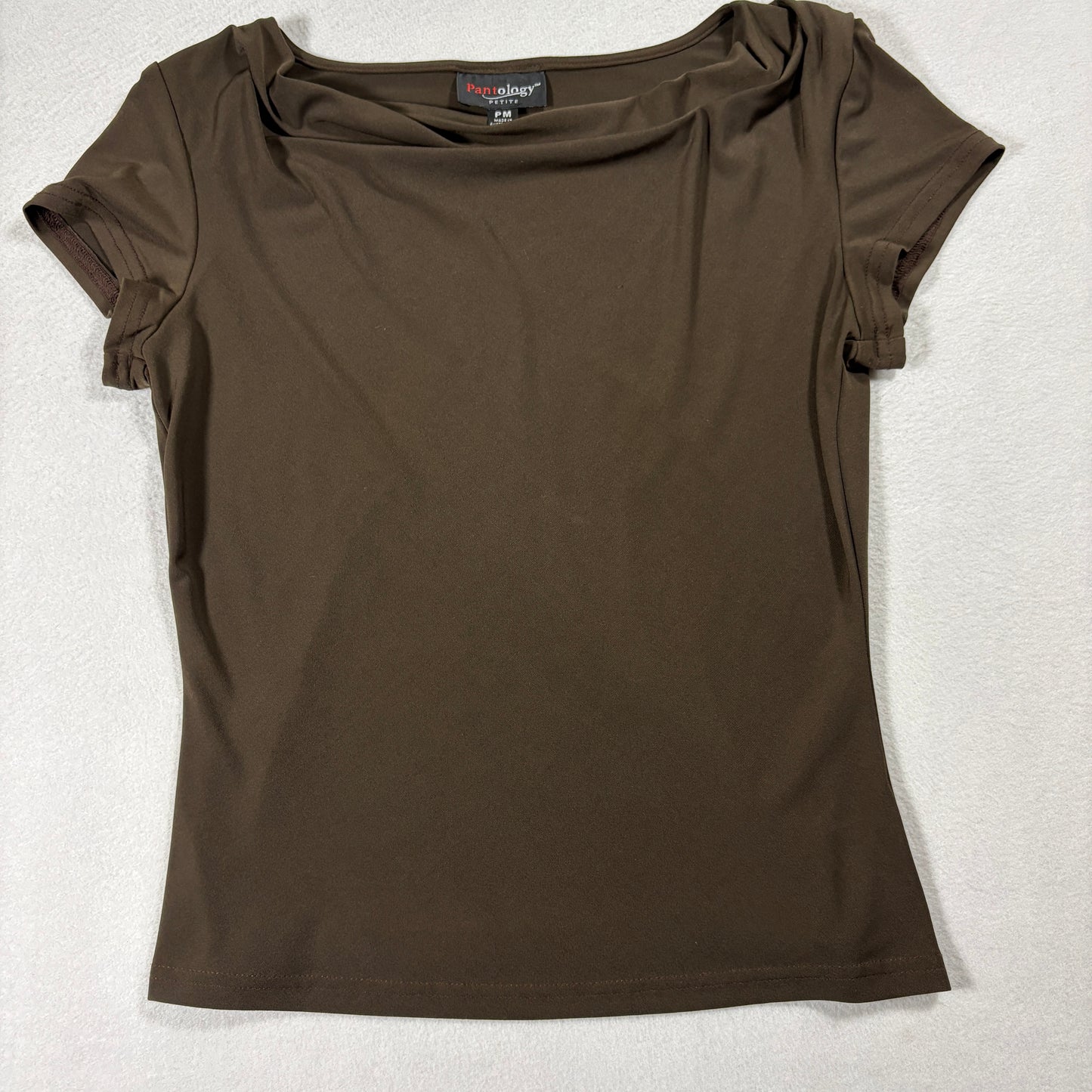 Pantology Petite Brown Stretch Top PM Short Sleeve Draped Neck Blouse