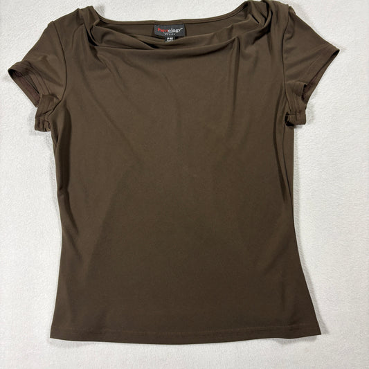 Pantology Petite Brown Stretch Top PM Short Sleeve Draped Neck Blouse