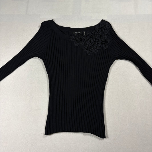 Dolce Cabo Black Ribbed Knit Top Womens Medium Floral Applique Long Sleeve