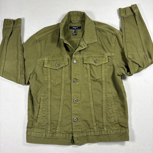 Forever 21 Mens M Jacket Olive Green Trucker Utility Button Up Streetwear Y2K