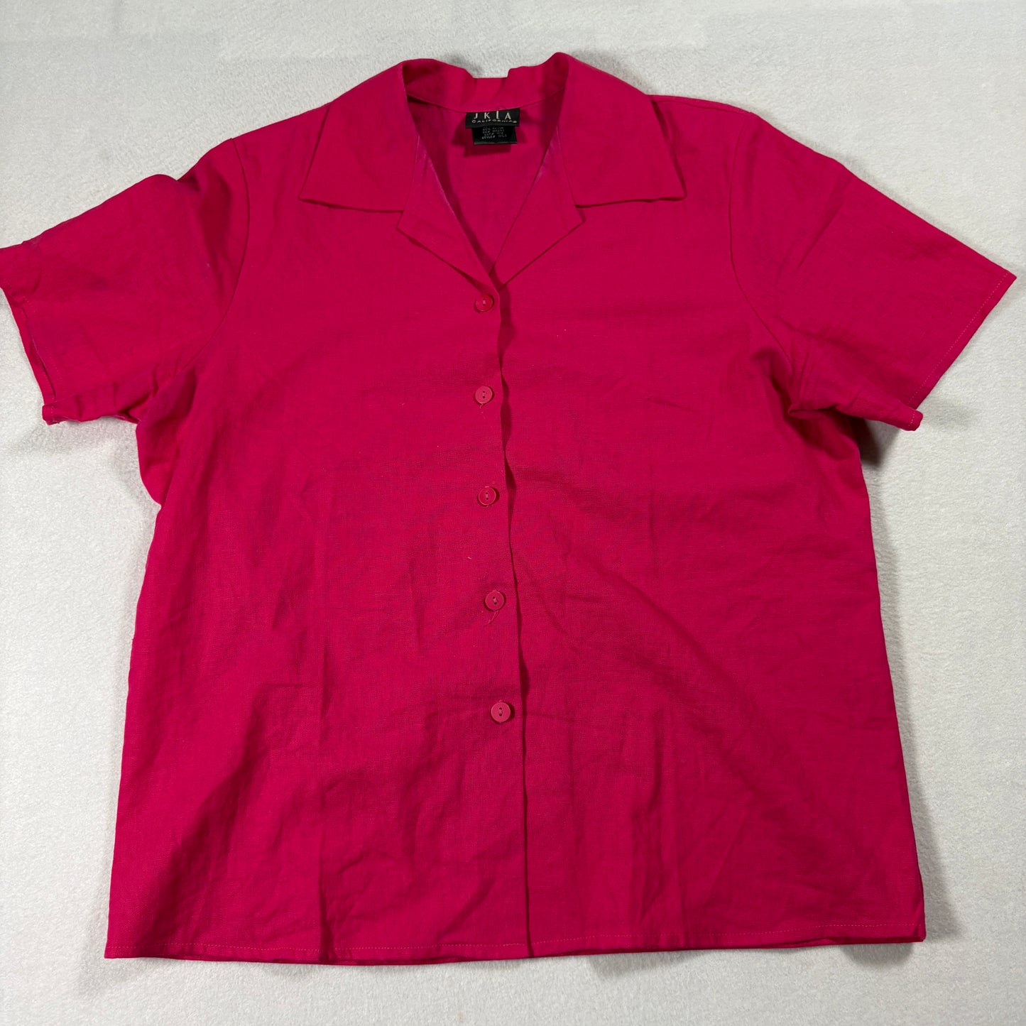 Vintage Hot Pink Linen Blend Button Up Shirt Womens Medium Short Sleeve Retro