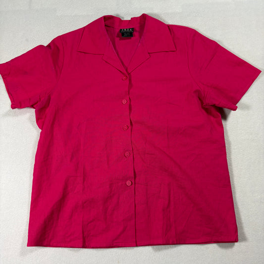Vintage Hot Pink Linen Blend Button Up Shirt Womens Medium Short Sleeve Retro