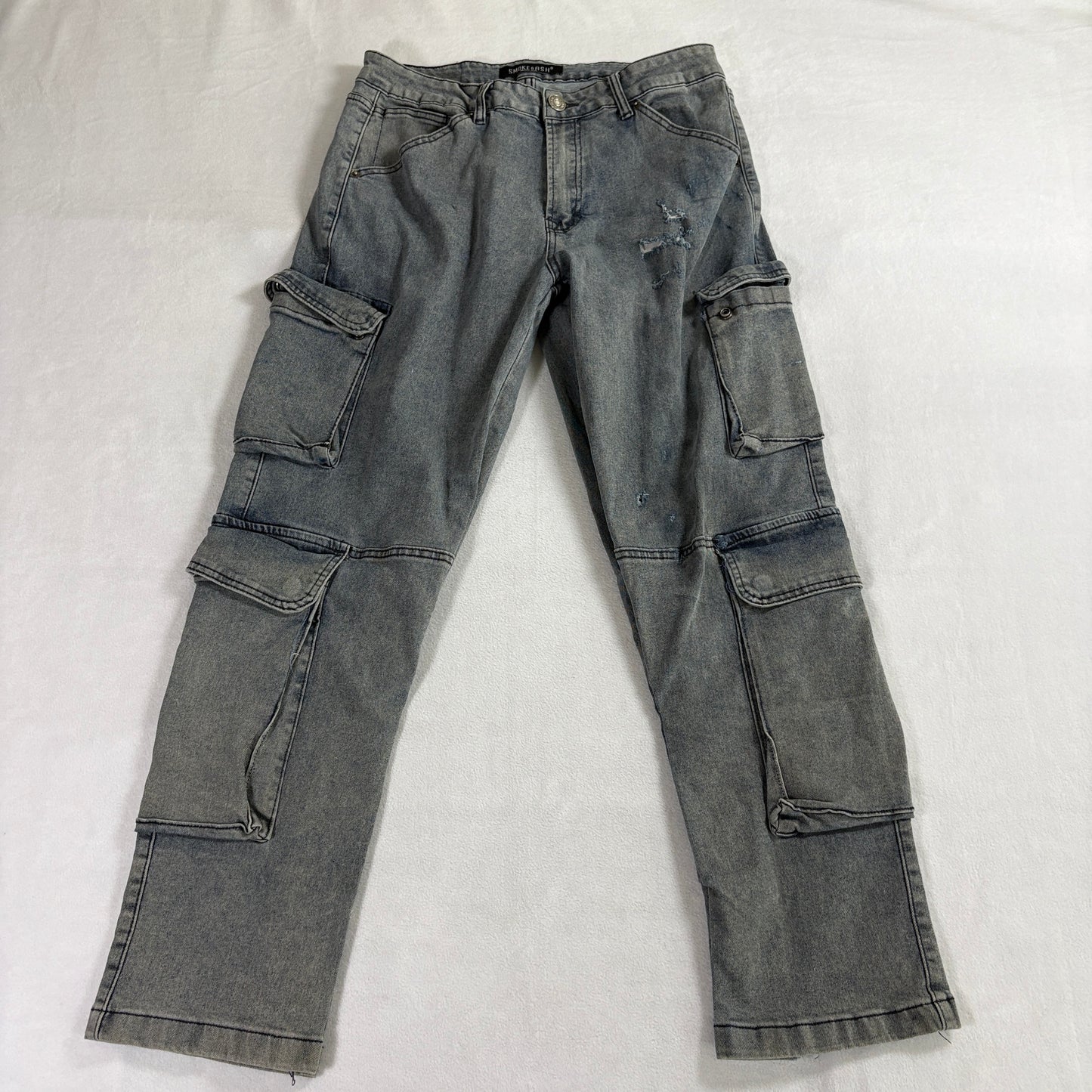 Smoke & Ash Mens 32x30 Cargo Jeans Gray Distressed Utility Denim Streetwear Y2K