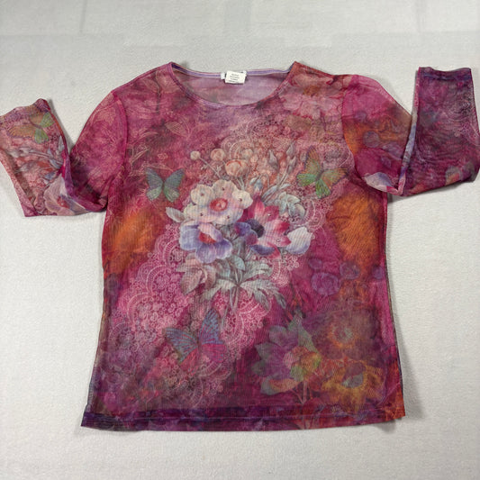 Vintage Mesh Floral Print Top Womens Medium Sheer Long Sleeve Y2K Butterfly Tee