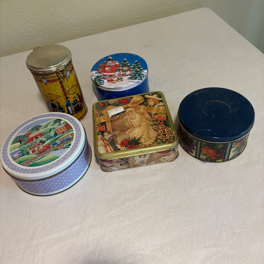 Lot 5 Vintage Tin Containers Christmas Coffee Angel Farmhouse Fruit Storage Decor