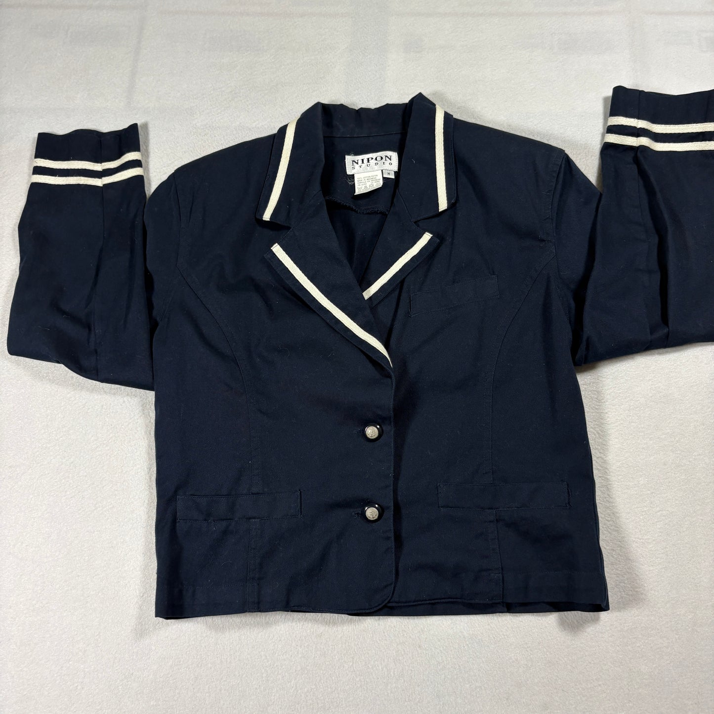 Vintage Nipon Studio Navy Blazer Womens Medium Nautical Striped Trim Jacket