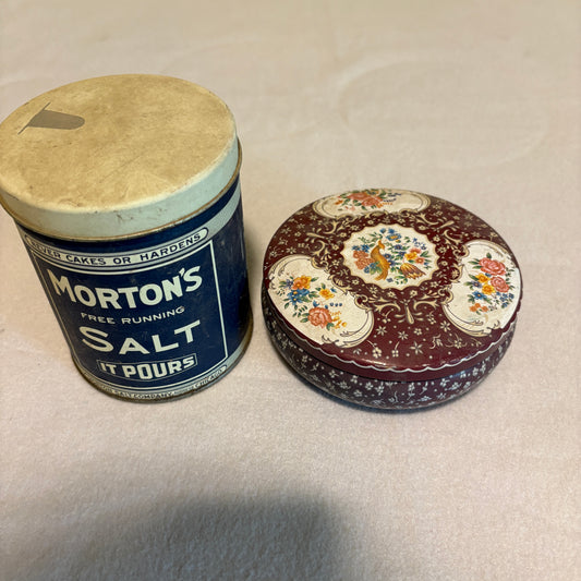 Lot 2 Vintage Tins Mortons Salt Canister & Floral Peacock Round Decorative Tin