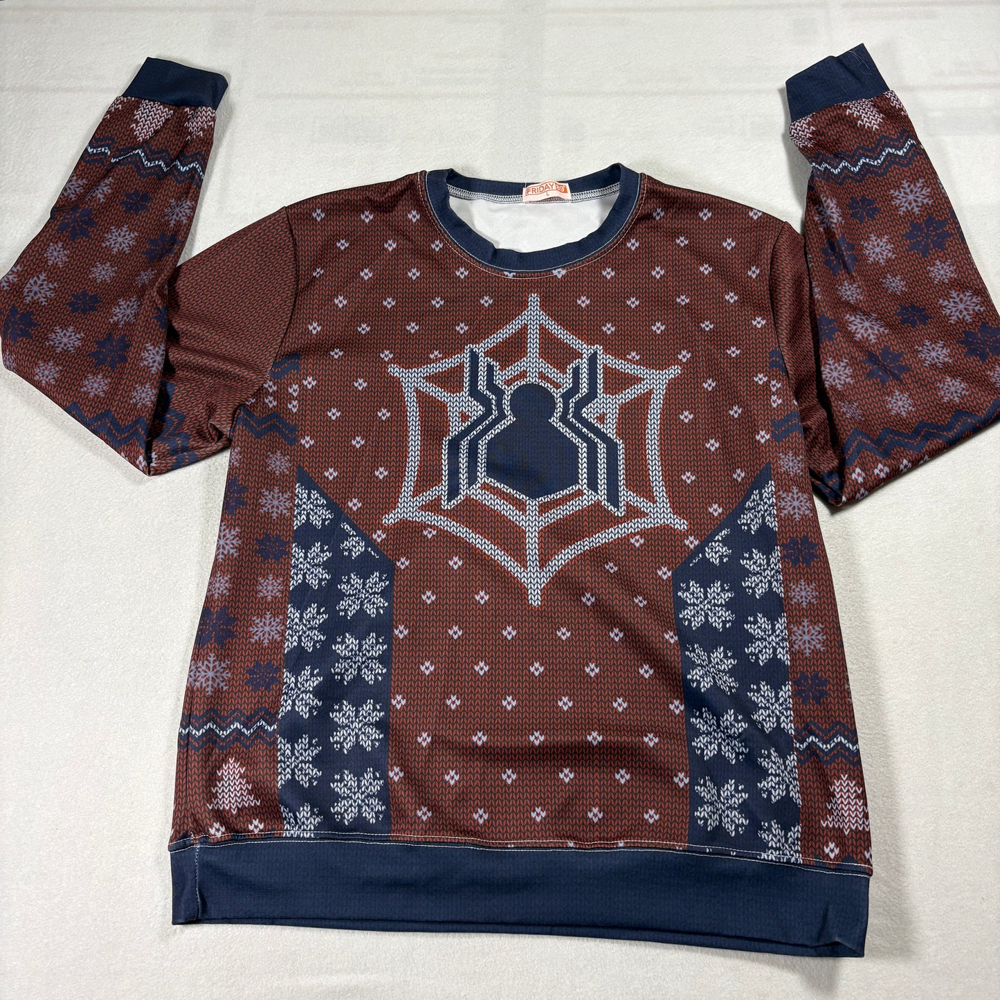 Friday 89 Spider Web Ugly Christmas Sweater Mens Large Red Blue Holiday Jumper