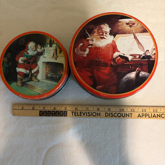Lot 2 Vintage Coca Cola Santa Tins Round Holiday Christmas Decor Collectible