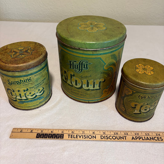Lot 3 Vintage Kitchen Canisters Flour Coffee Tea Tin Green Retro Farmhouse Decor