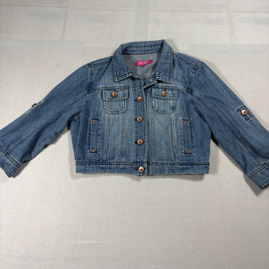 Cat Soup Denim Jacket Womens Large Cropped Jean Coat Y2K Light Wash Streetwear