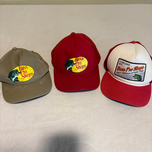 Lot 3 Bass Pro Shops Trucker Hats Mesh Snapback Fishing Caps Red Khaki Vintage