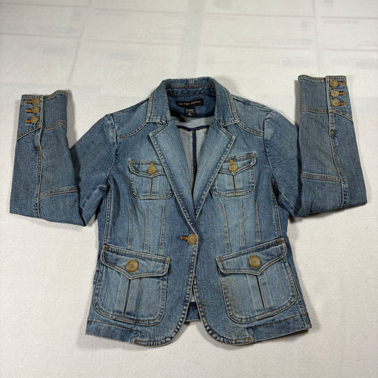 New York & Company Denim Blazer Womens Size 4 Jean Jacket Stretch Fitted Coat