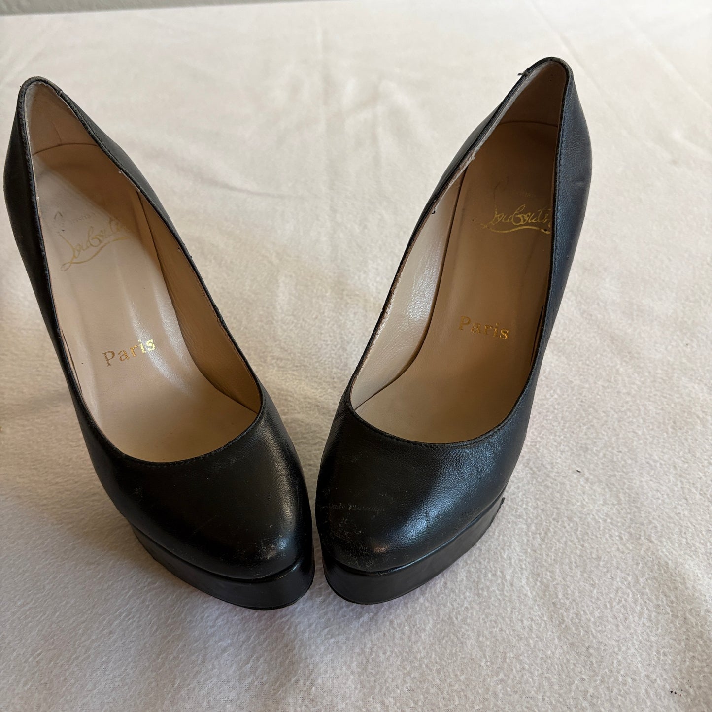 Christian Louboutin Black Leather Platform Pumps Red Sole Heels EU 38 Italy