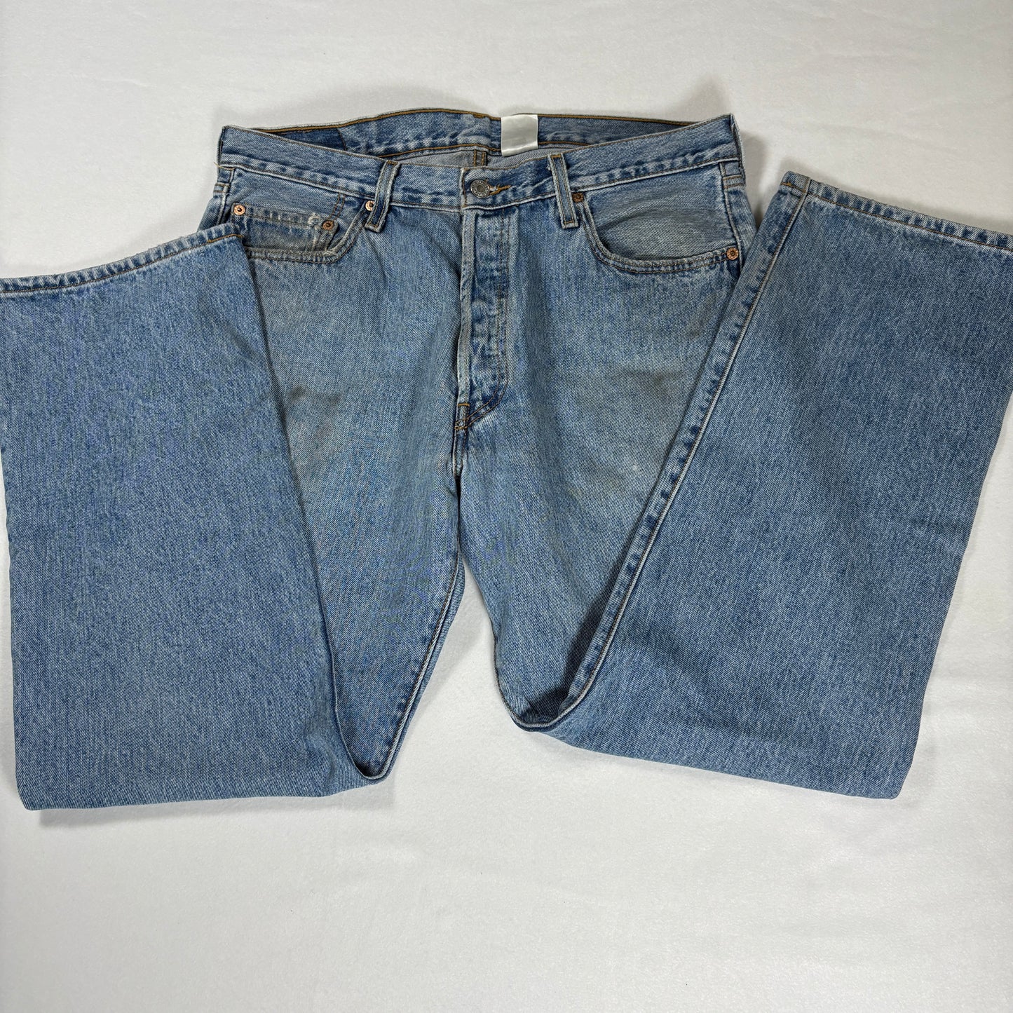 Levi’s 501 Jeans Men 36x30 Blue Denim Button Fly Vintage Distressed Stained USA Style