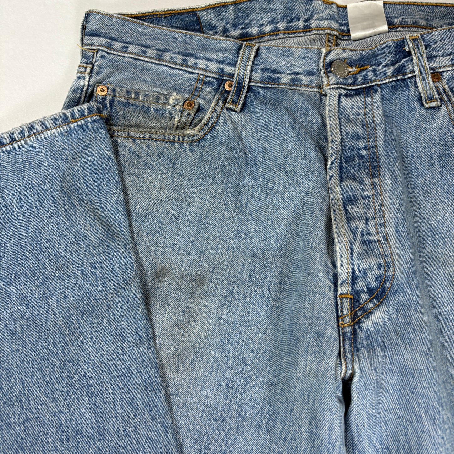 Levi’s 501 Jeans Men 36x30 Blue Denim Button Fly Vintage Distressed Stained USA Style