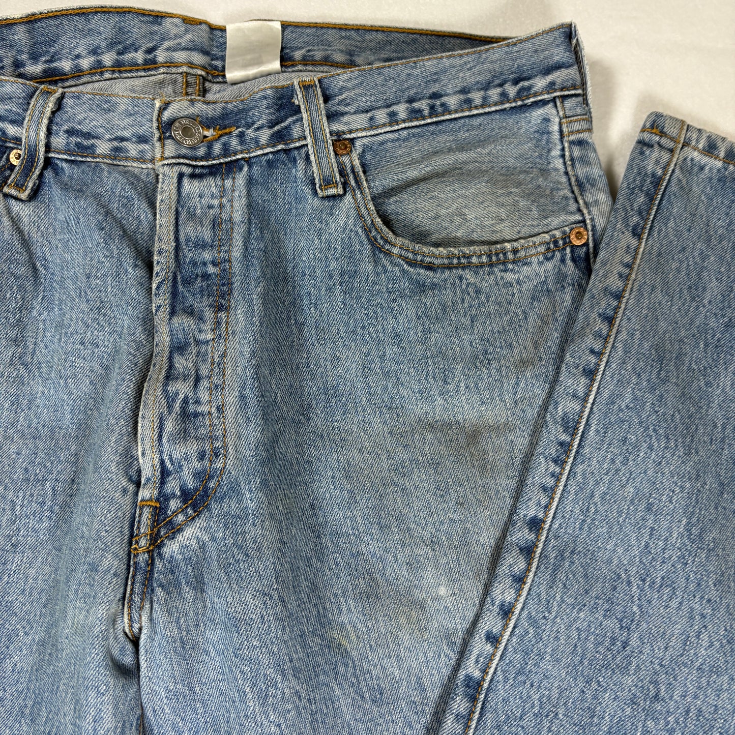 Levi’s 501 Jeans Men 36x30 Blue Denim Button Fly Vintage Distressed Stained USA Style