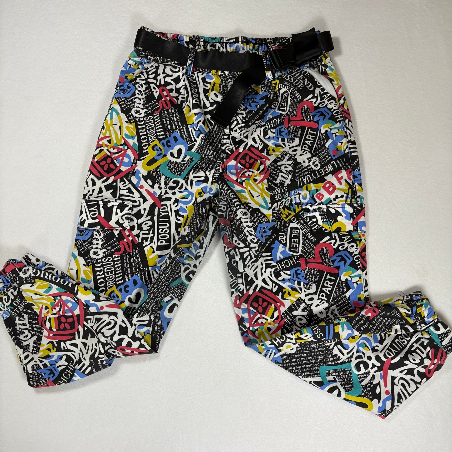 VIP Pants Graffiti Print Joggers Streetwear Black Multi Color Size 15/32