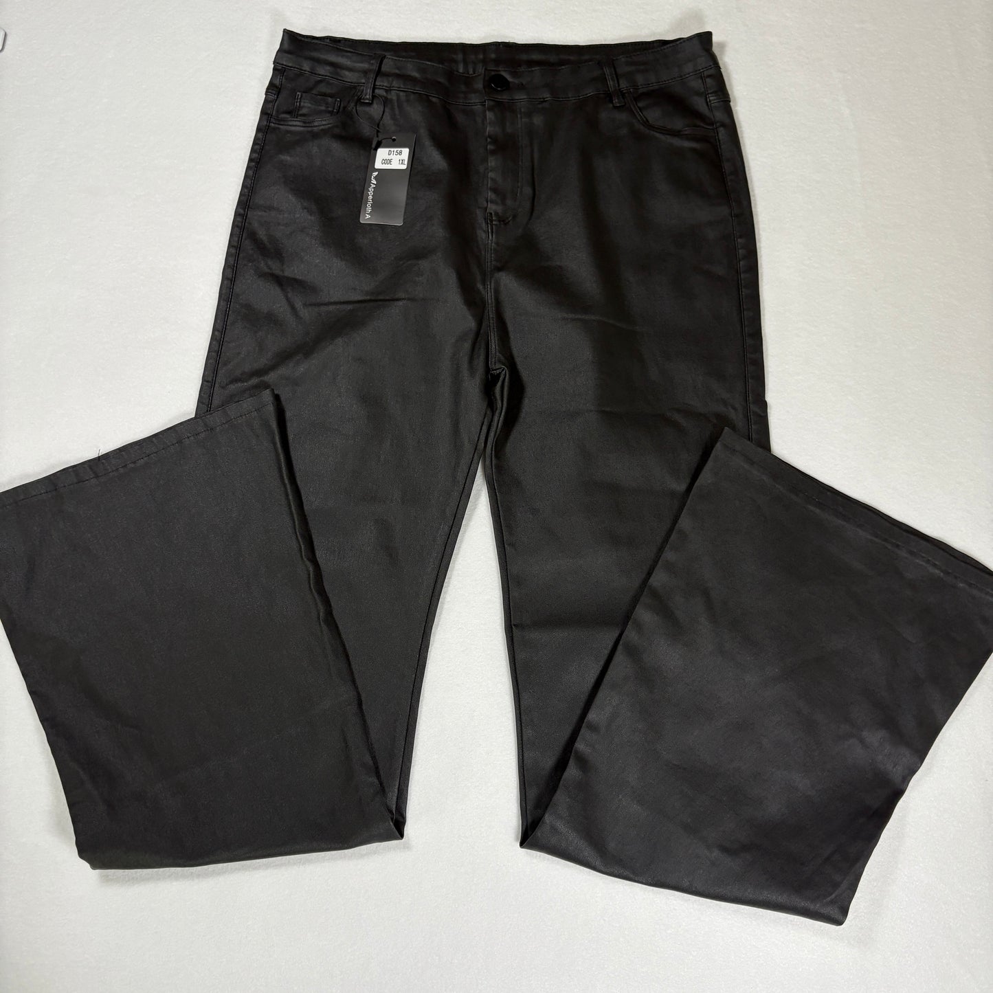 NWT Coated Black Pants Women’s 1XL Faux Leather Look Stretch Wide Leg High Rise