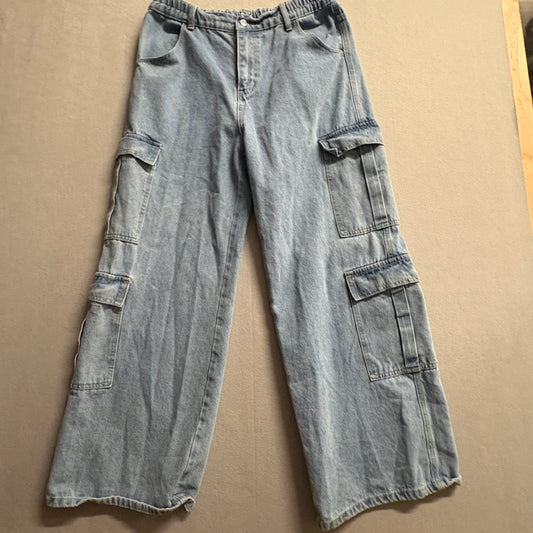 Y2K Baggy Cargo Jeans Women Size L 8 10 Fits Like 31X28 Wide Leg Skate Denim
